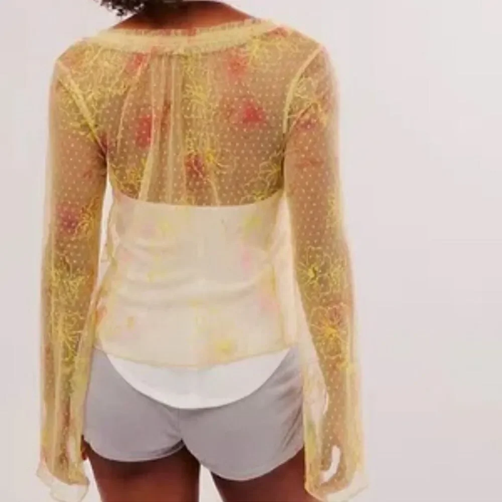 NWOT Free People Postcard from Paris Long Sleeve Lace Yellow Sheer M Embroidered